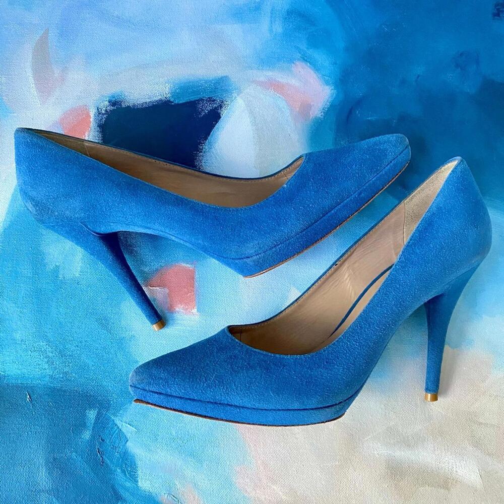 Pour La Victoire Blue Suede Heels Pointed Toe 9.5 - Picture 9 of 9